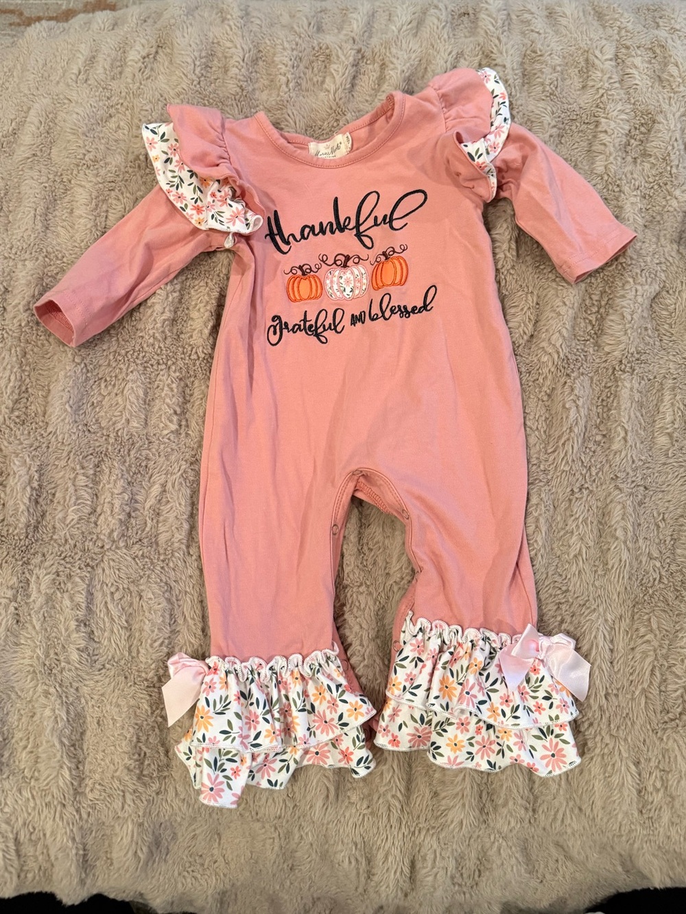 Thankful Pink Floral Ruffle Baby One-Piece